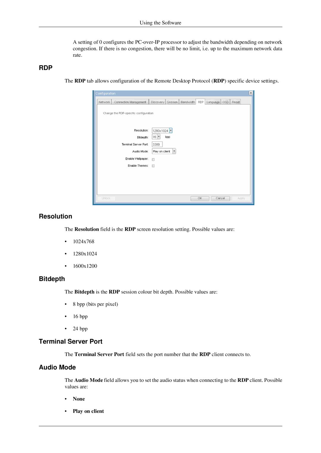 Samsung 930ND user manual Resolution, Bitdepth, Terminal Server Port, Audio Mode, None Play on client 