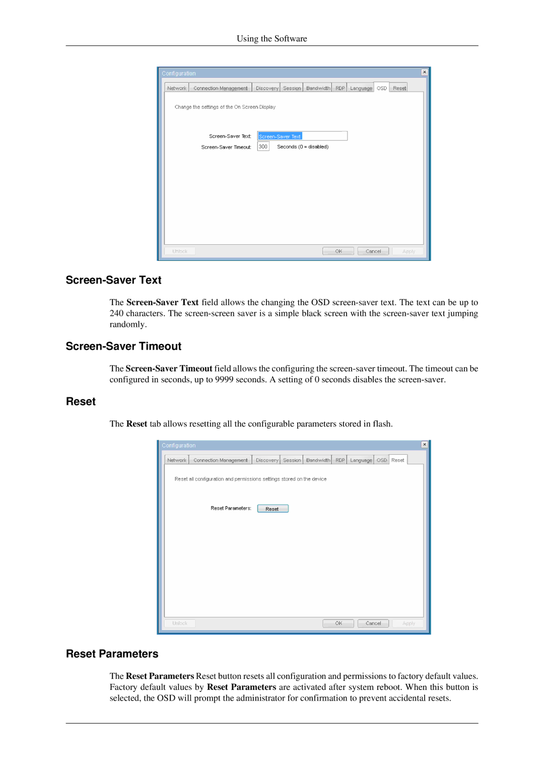 Samsung 930ND user manual Screen-Saver Text, Screen-Saver Timeout, Reset Parameters 