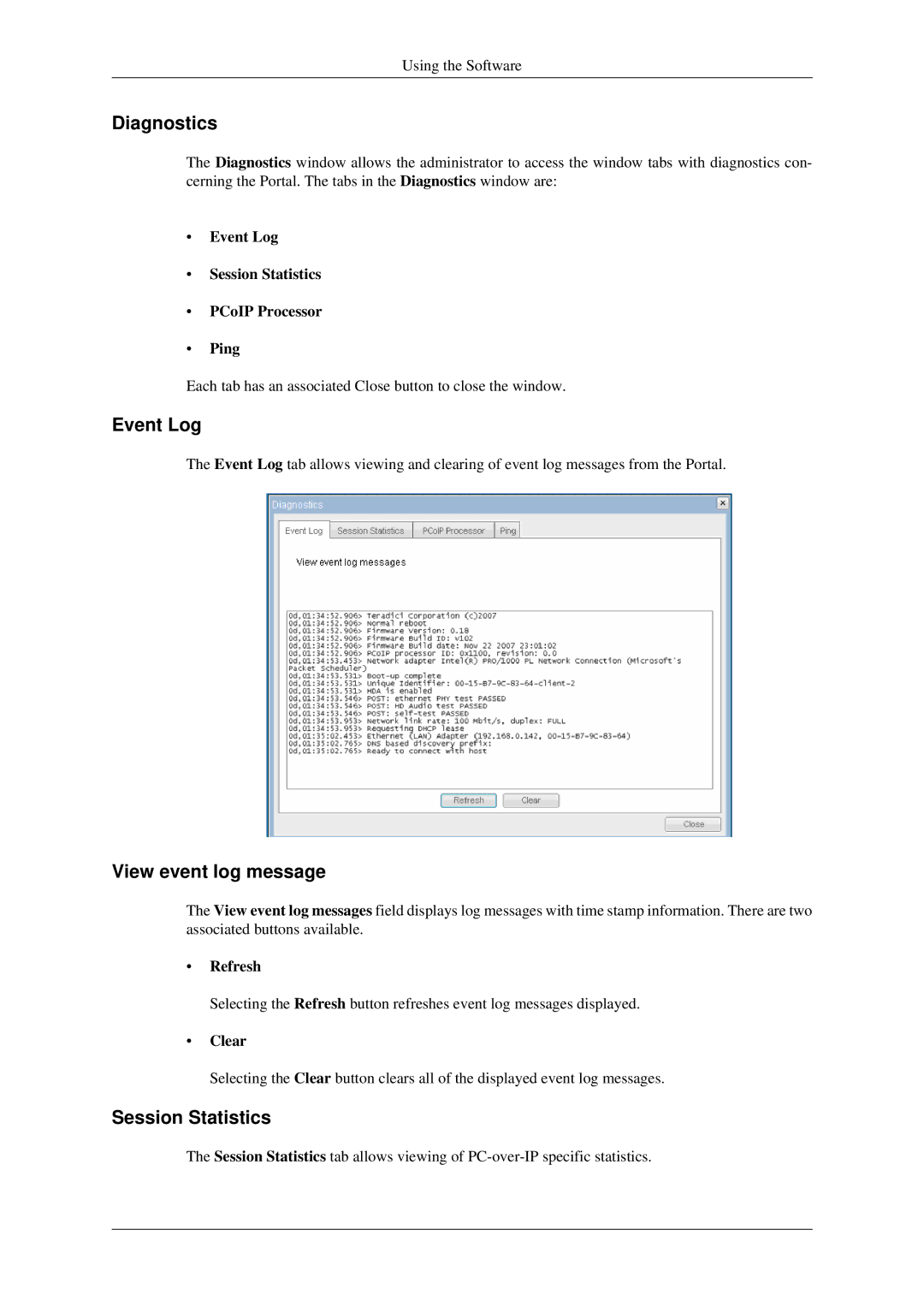 Samsung 930ND user manual Diagnostics, Event Log, View event log message, Session Statistics 