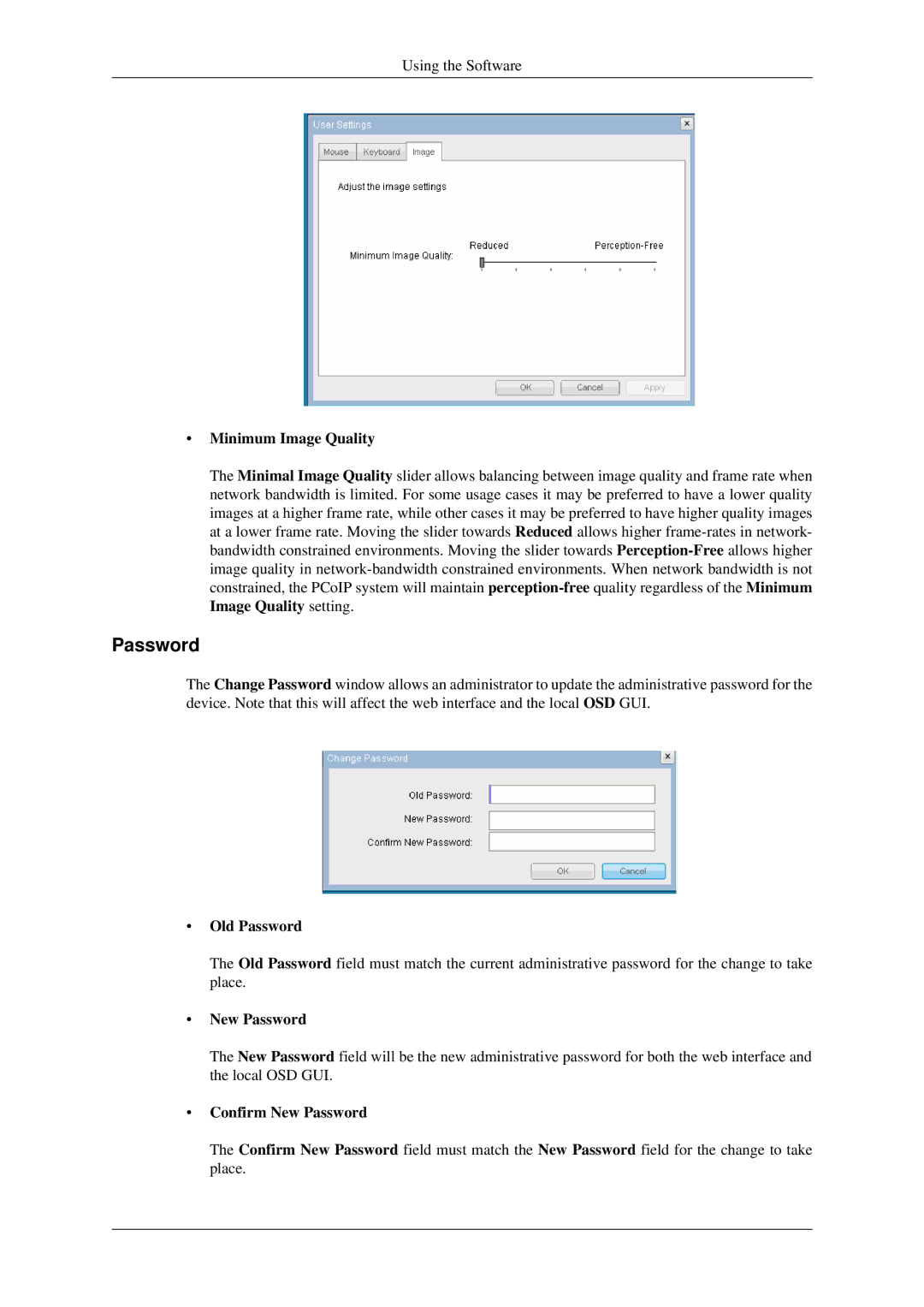 Samsung 930ND user manual Minimum Image Quality, Old Password, Confirm New Password 