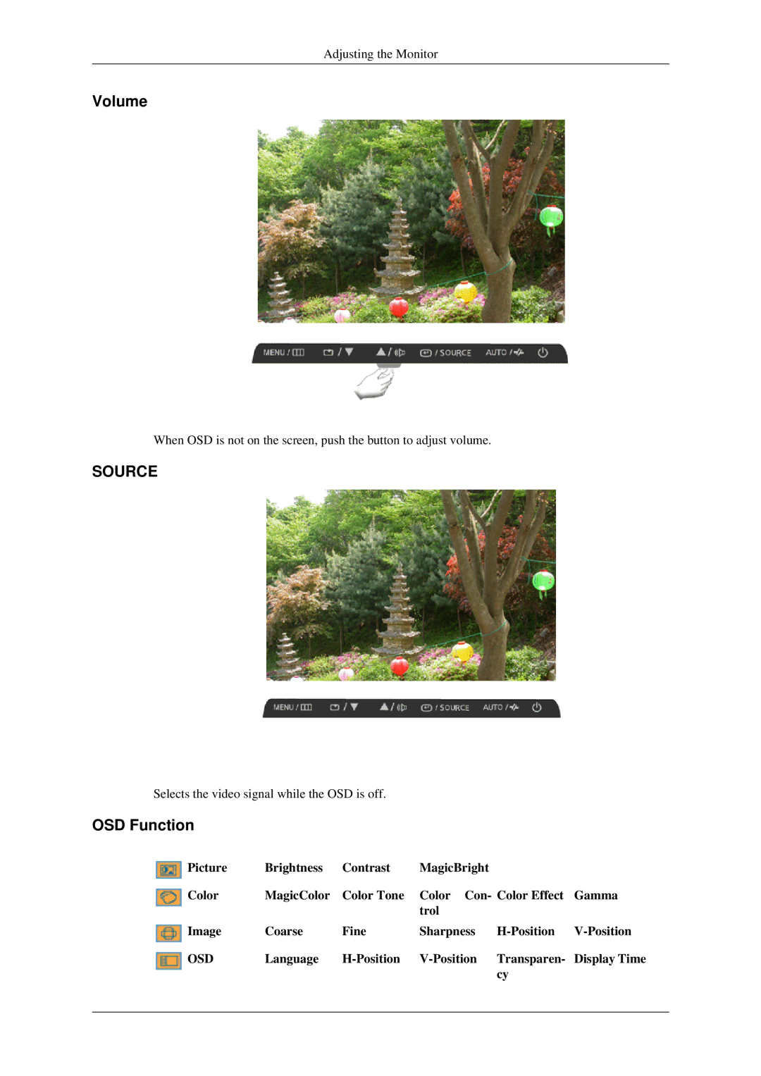 Samsung 930ND user manual Volume, OSD Function, Language Position Transparen Display Time 