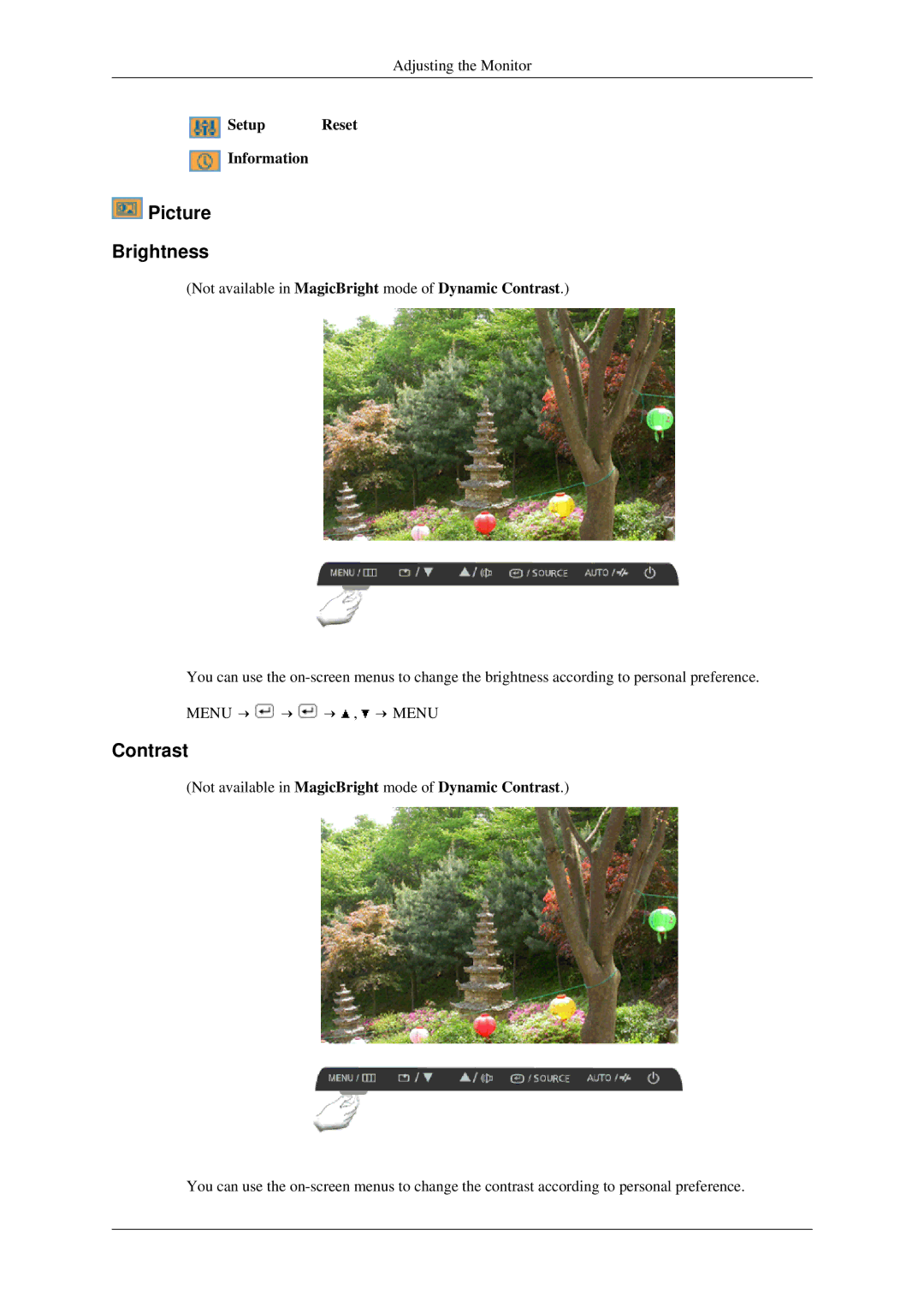 Samsung 930ND user manual Picture Brightness, Contrast, Setup Reset Information 