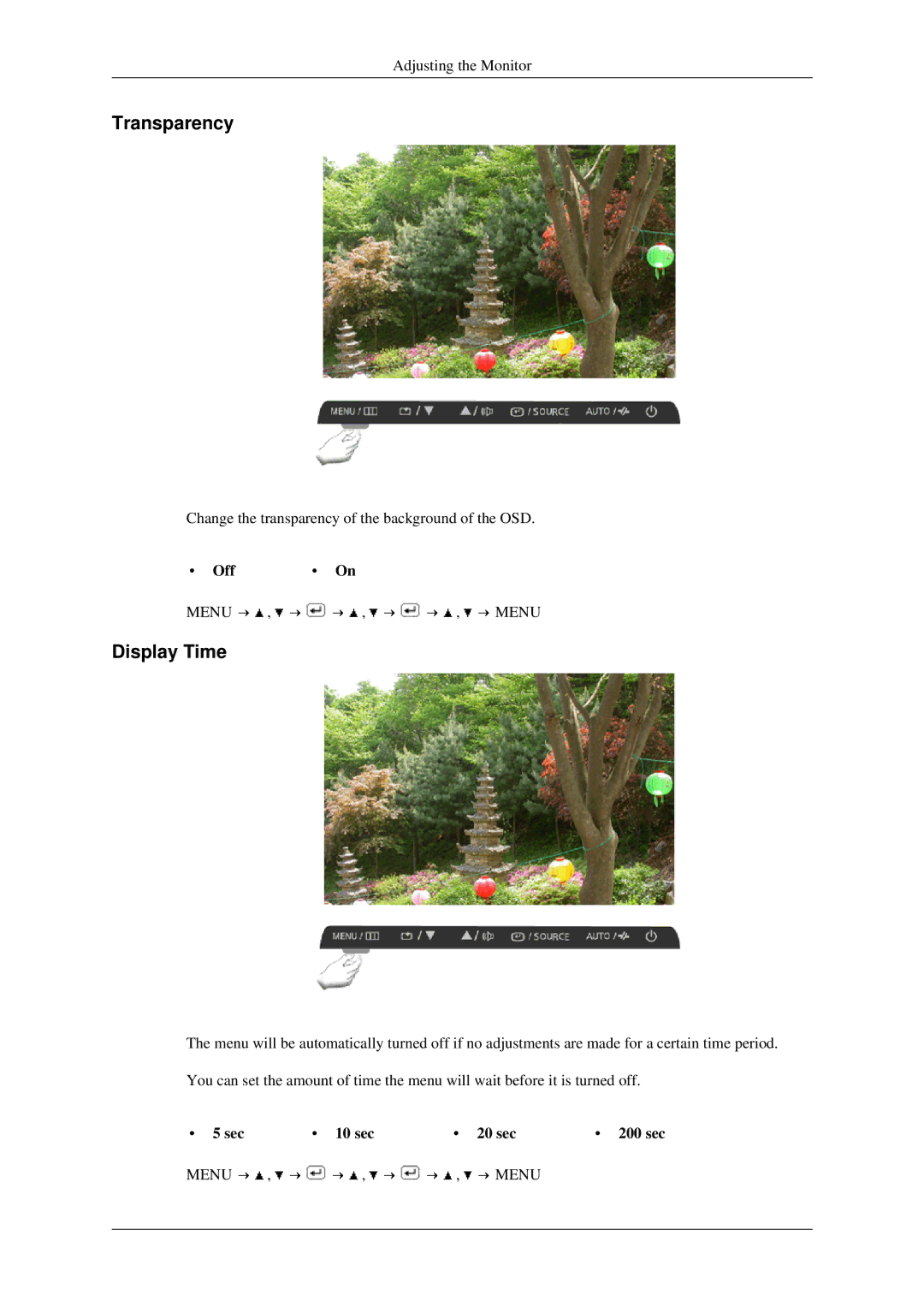 Samsung 930ND user manual Transparency, Display Time, Off On, Sec 10 sec 20 sec 200 sec 