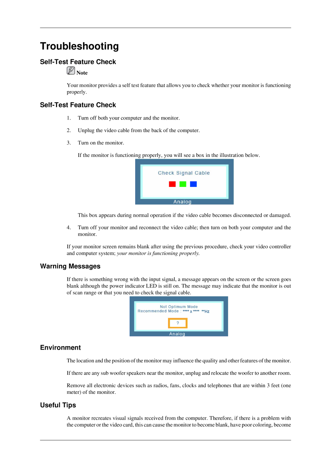 Samsung 930ND user manual Troubleshooting, Self-Test Feature Check, Environment, Useful Tips 