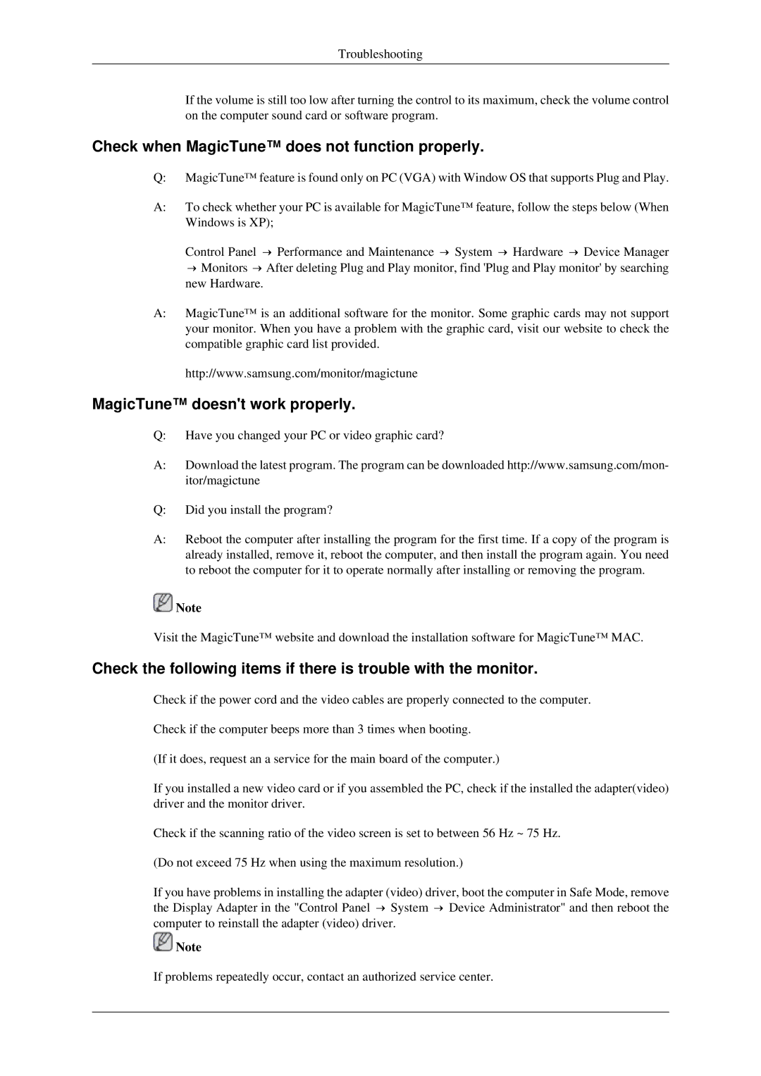 Samsung 930ND user manual Check when MagicTune does not function properly, MagicTune doesnt work properly 