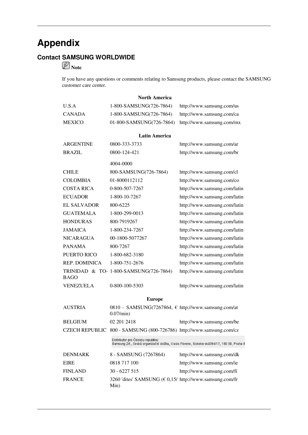 Samsung 930ND user manual Appendix, Contact Samsung Worldwide, North America, Latin America, Europe 