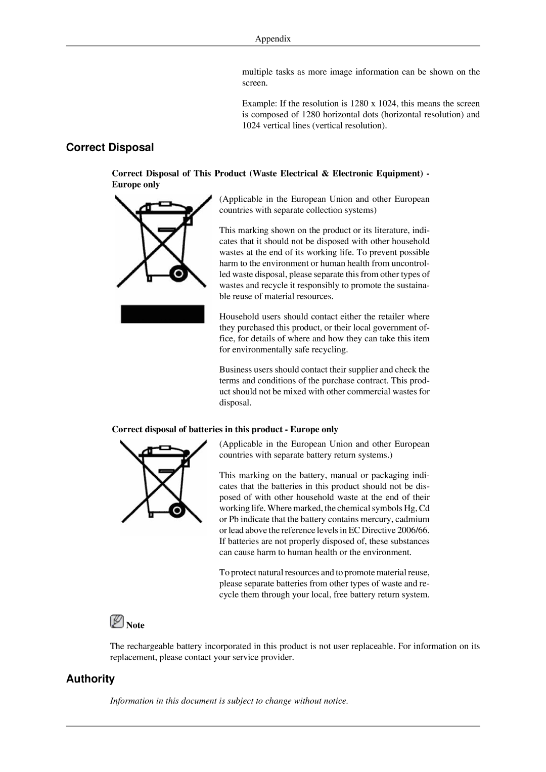 Samsung 930ND user manual Correct Disposal, Authority, Correct disposal of batteries in this product Europe only 