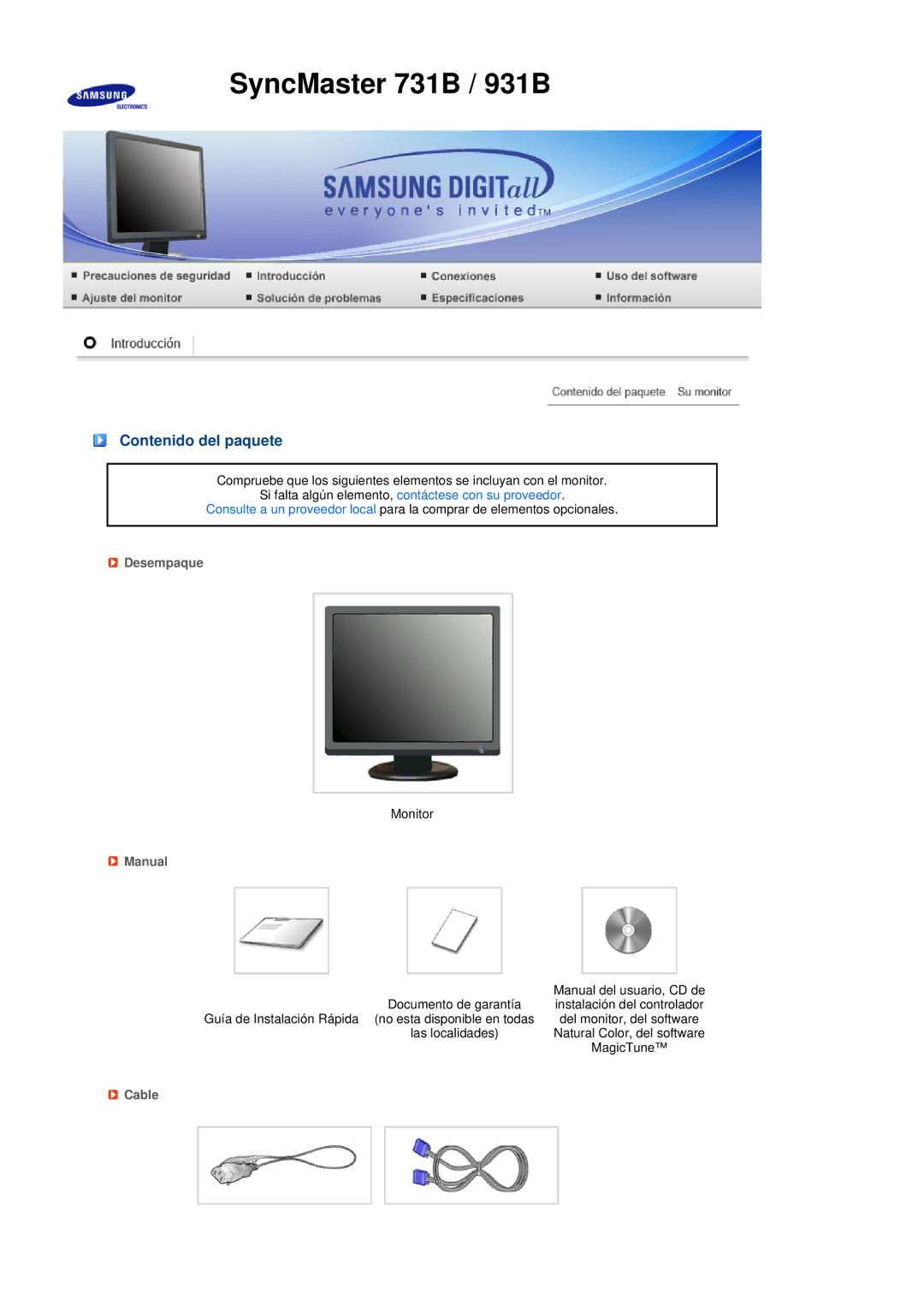 Samsung 931BF, 731BF manual Contenido del paquete, Desempaque, Manual, Cable 
