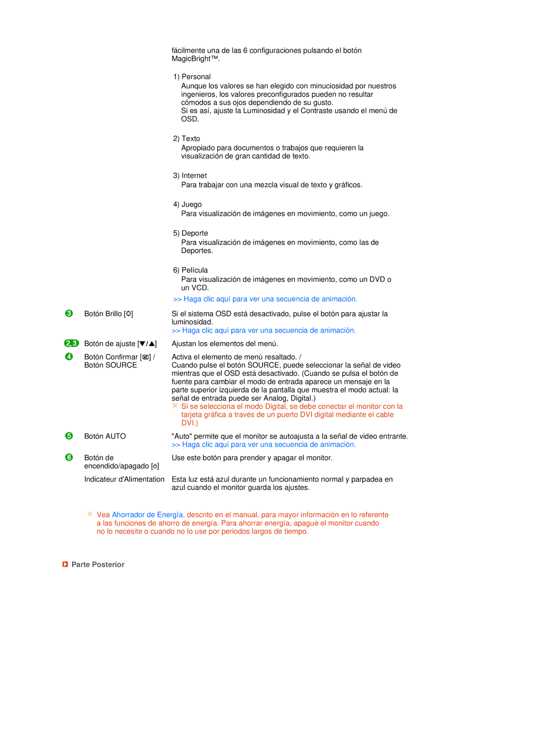 Samsung 931BF, 731BF manual Haga clic aquí para ver una secuencia de animación, Parte Posterior 