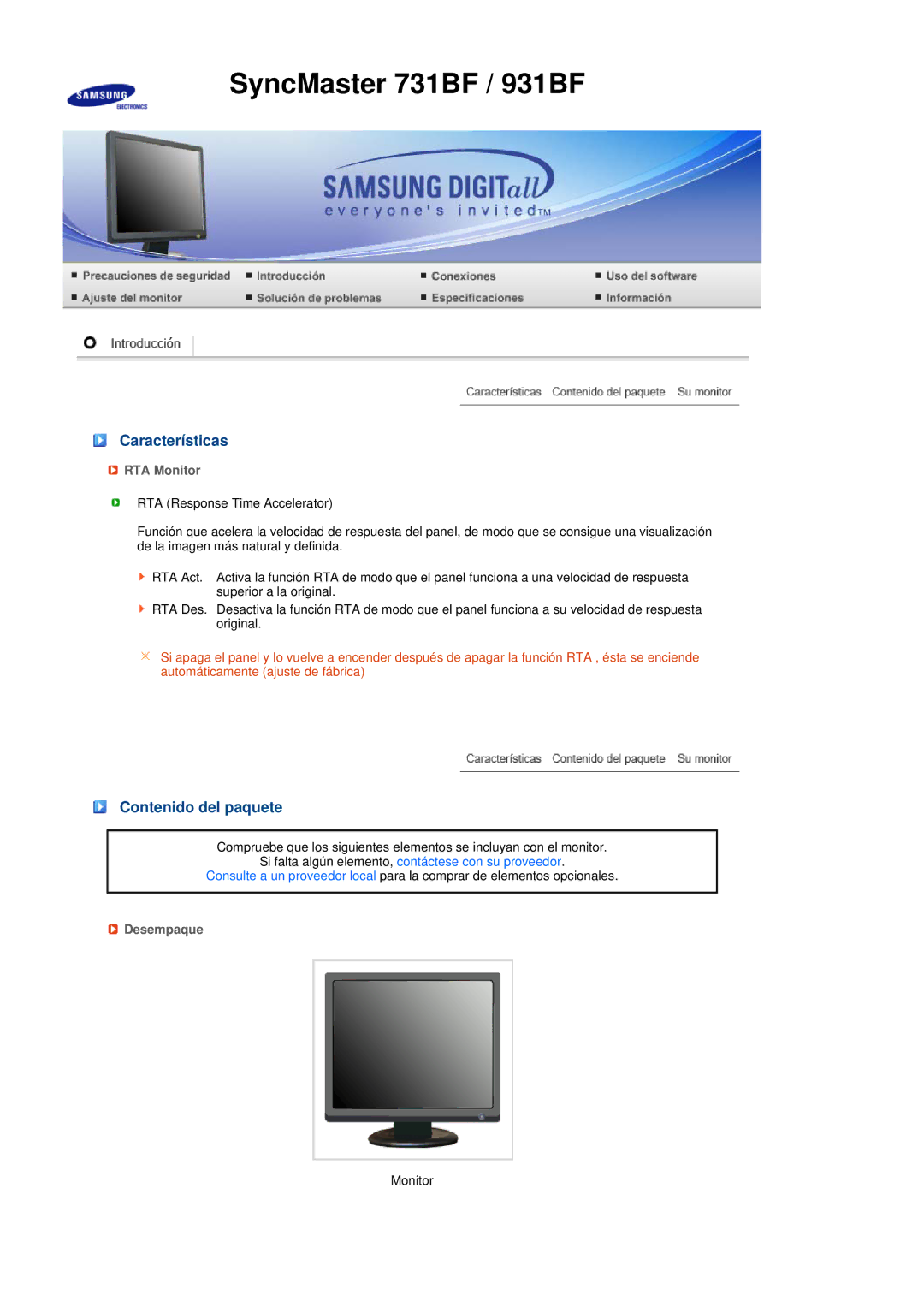 Samsung 931BF, 731BF manual Características, RTA Monitor 