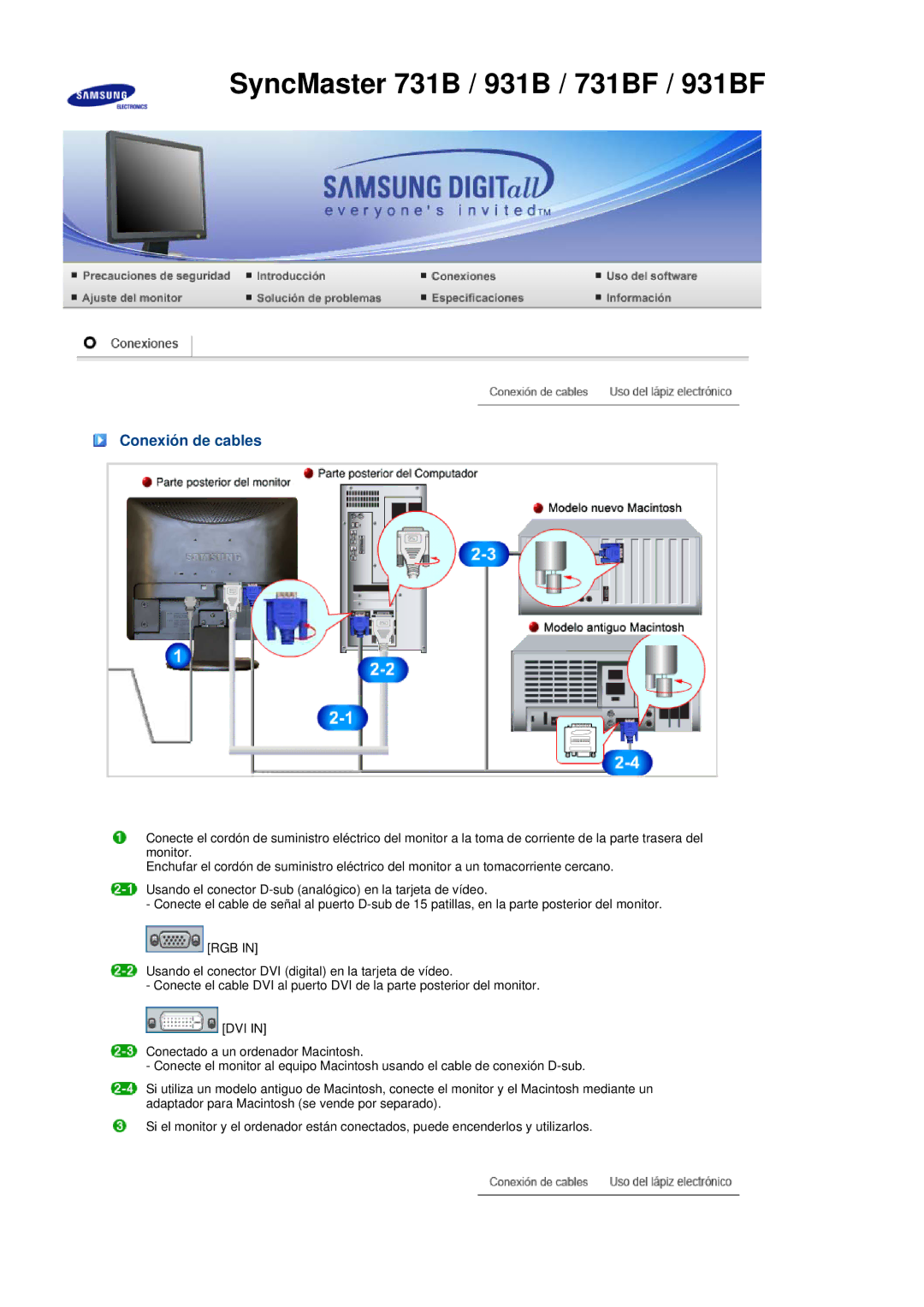 Samsung 931BF, 731BF manual Conexión de cables 