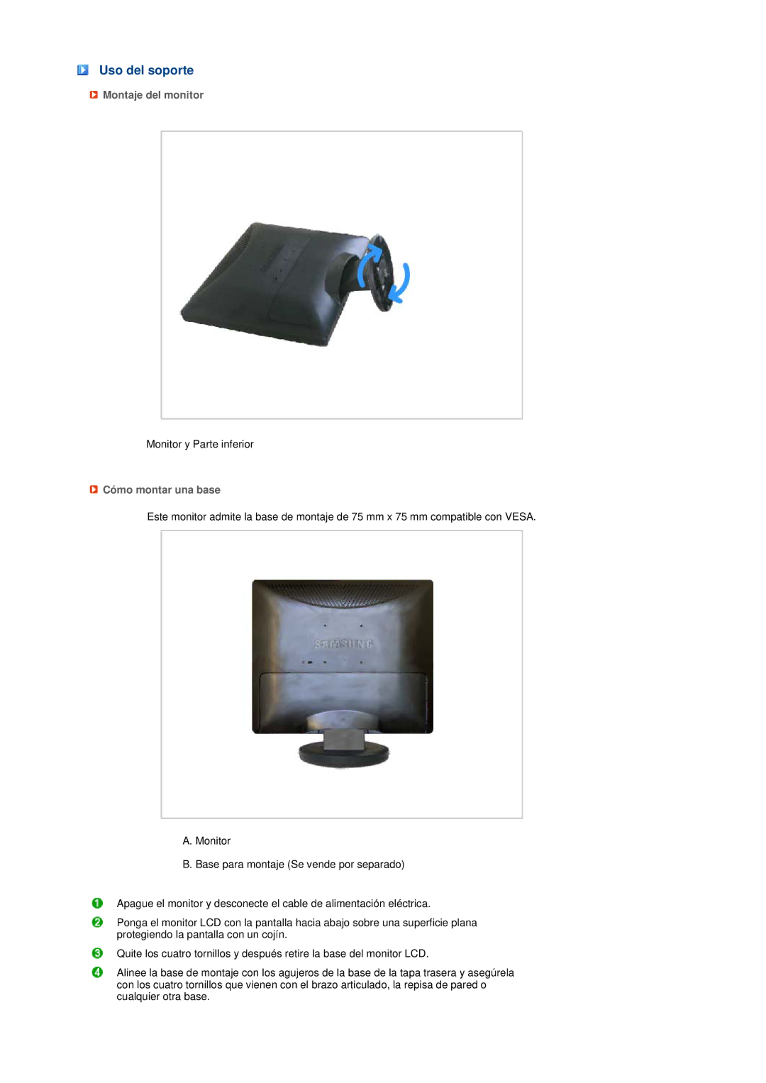 Samsung 731BF, 931BF manual Uso del soporte, Montaje del monitor, Cómo montar una base 