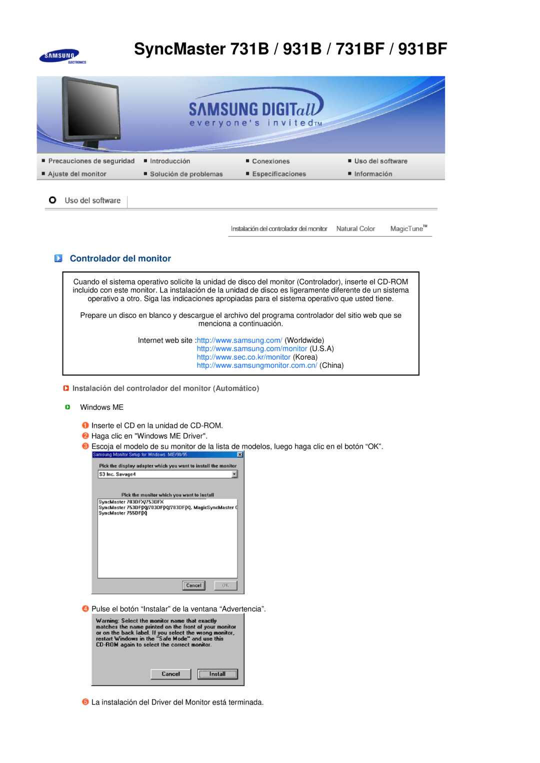 Samsung 931BF, 731BF manual Controlador del monitor, Instalación del controlador del monitor Automático 