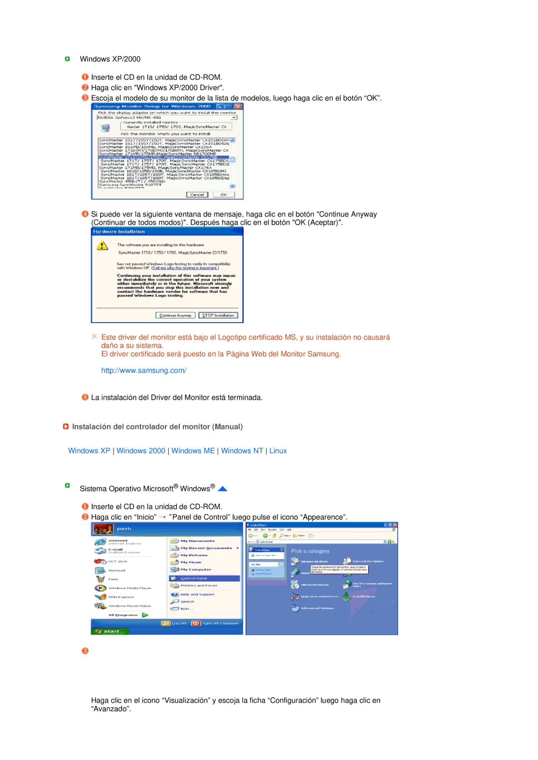 Samsung 931BF, 731B Instalación del controlador del monitor Manual, Windows XP Windows 2000 Windows ME Windows NT Linux 