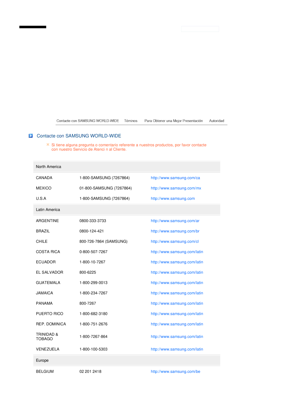 Samsung 931BF, 731BF manual Contacte con Samsung WORLD-WIDE 