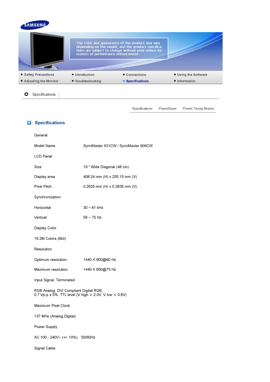 Samsung 906CW, 931CW manual Specifications 