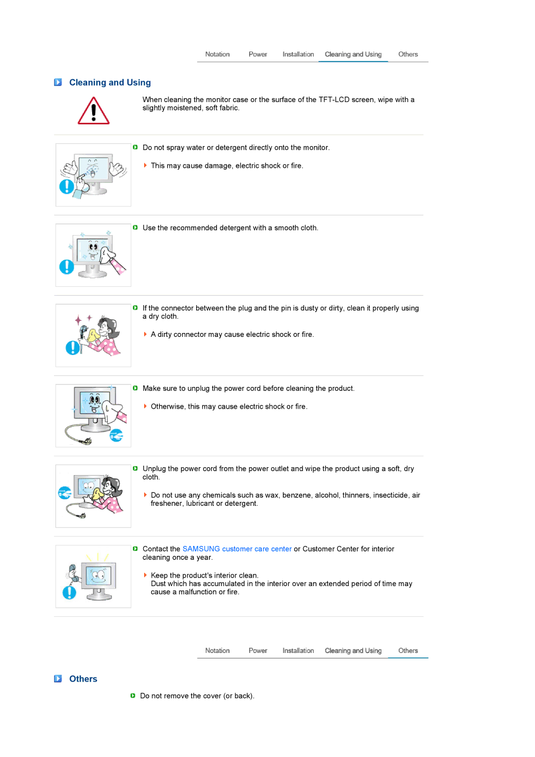 Samsung 931CW, 906CW manual Cleaning and Using, Others 