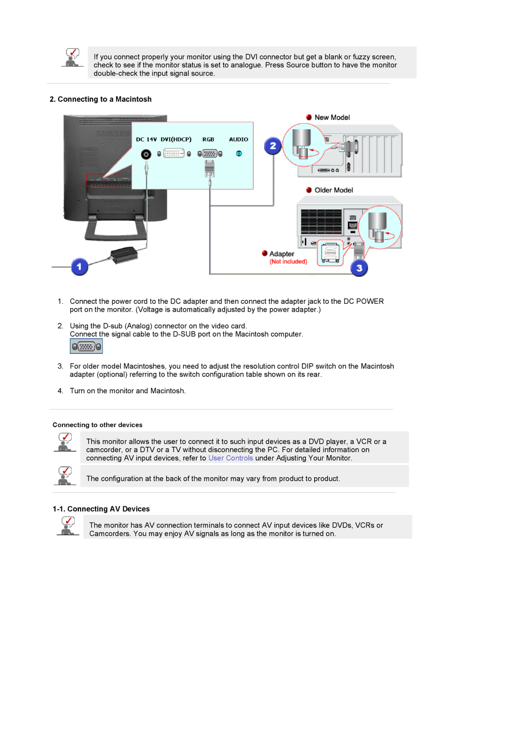 Samsung 931MP manual Connecting to a Macintosh, Connecting AV Devices 