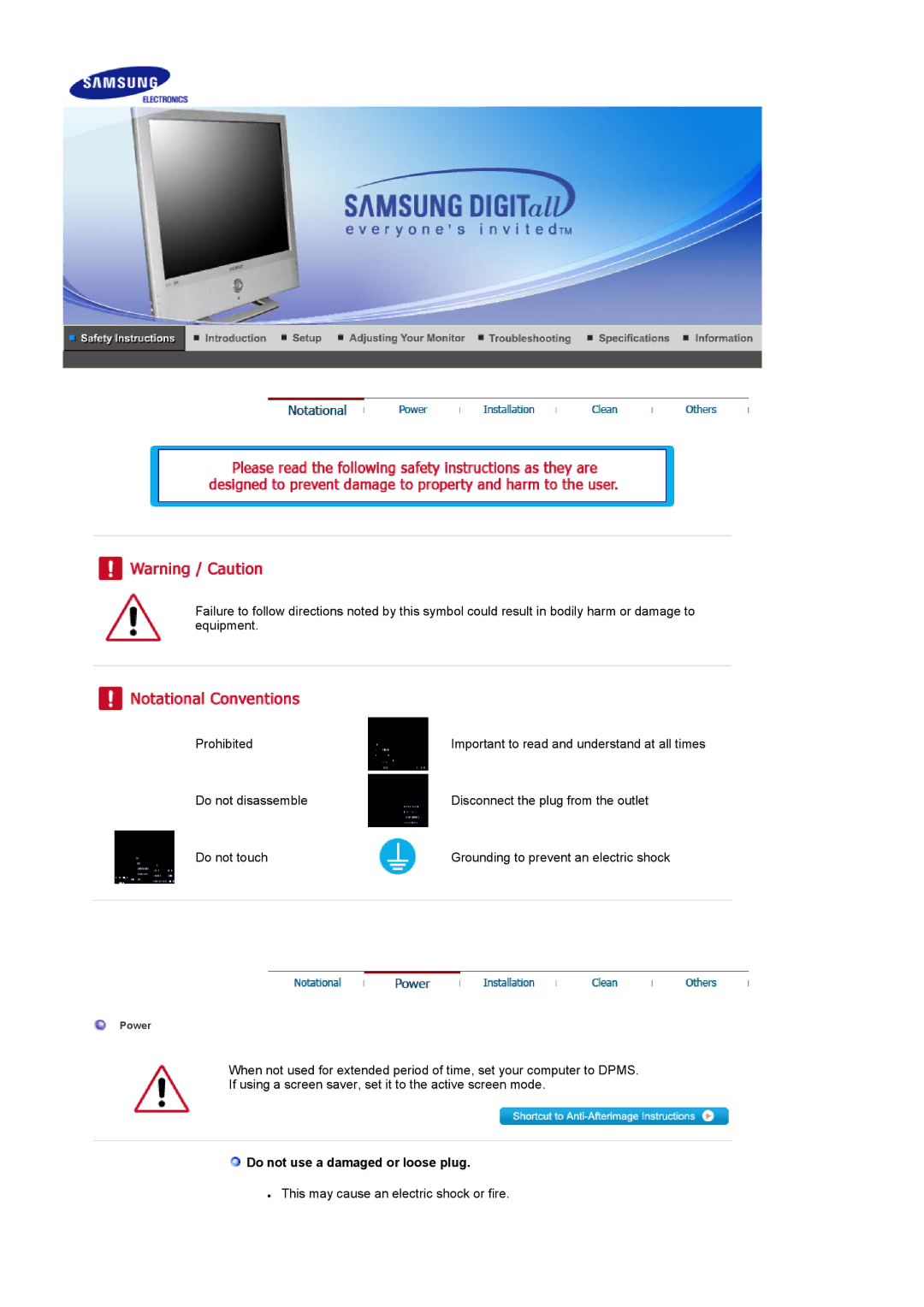 Samsung 931MP manual Do not use a damaged or loose plug 