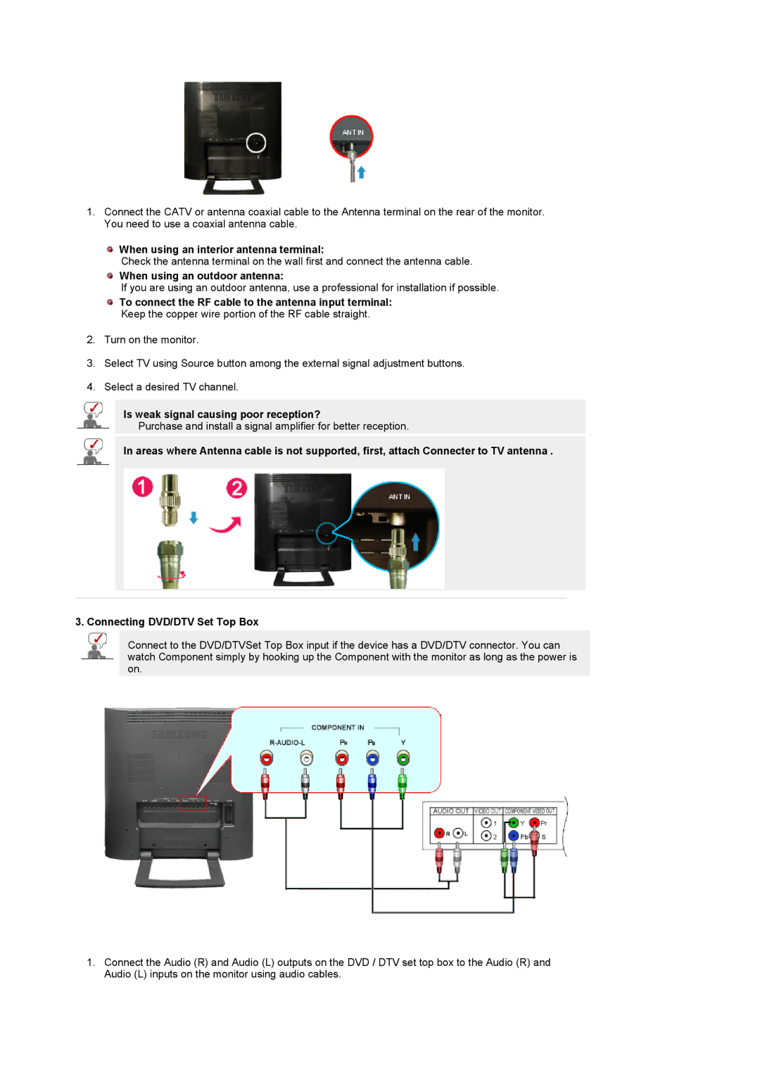 Samsung 931MP manual When using an interior antenna terminal, When using an outdoor antenna 