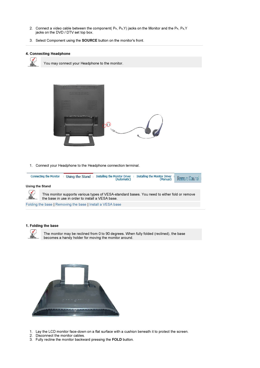 Samsung 931MP manual Connecting Headphone, Folding the base 