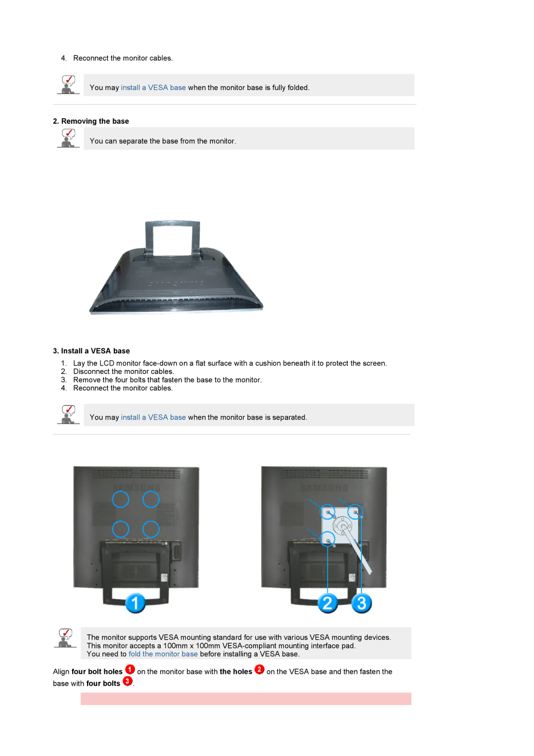 Samsung 931MP manual Removing the base, Install a Vesa base 