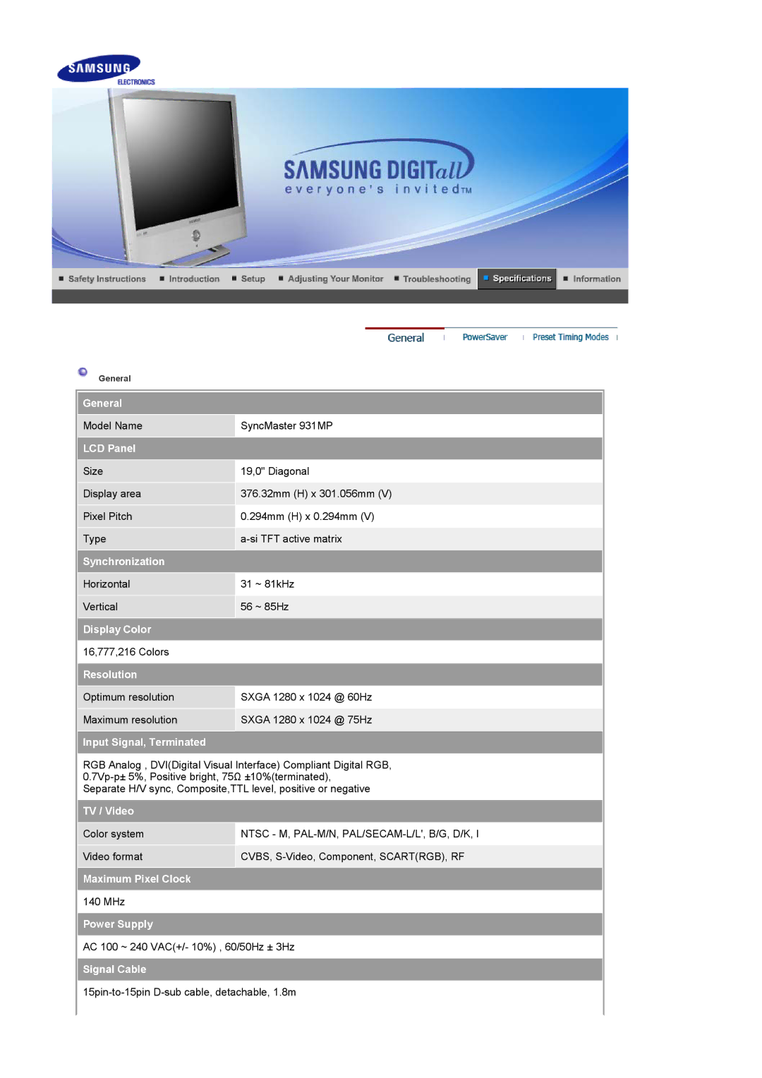 Samsung 931MP manual General, LCD Panel, Synchronization, Display Color, Resolution, Input Signal, Terminated, TV / Video 