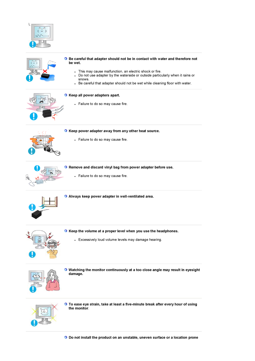 Samsung 931MP manual Keep all power adapters apart, Keep power adapter away from any other heat source 