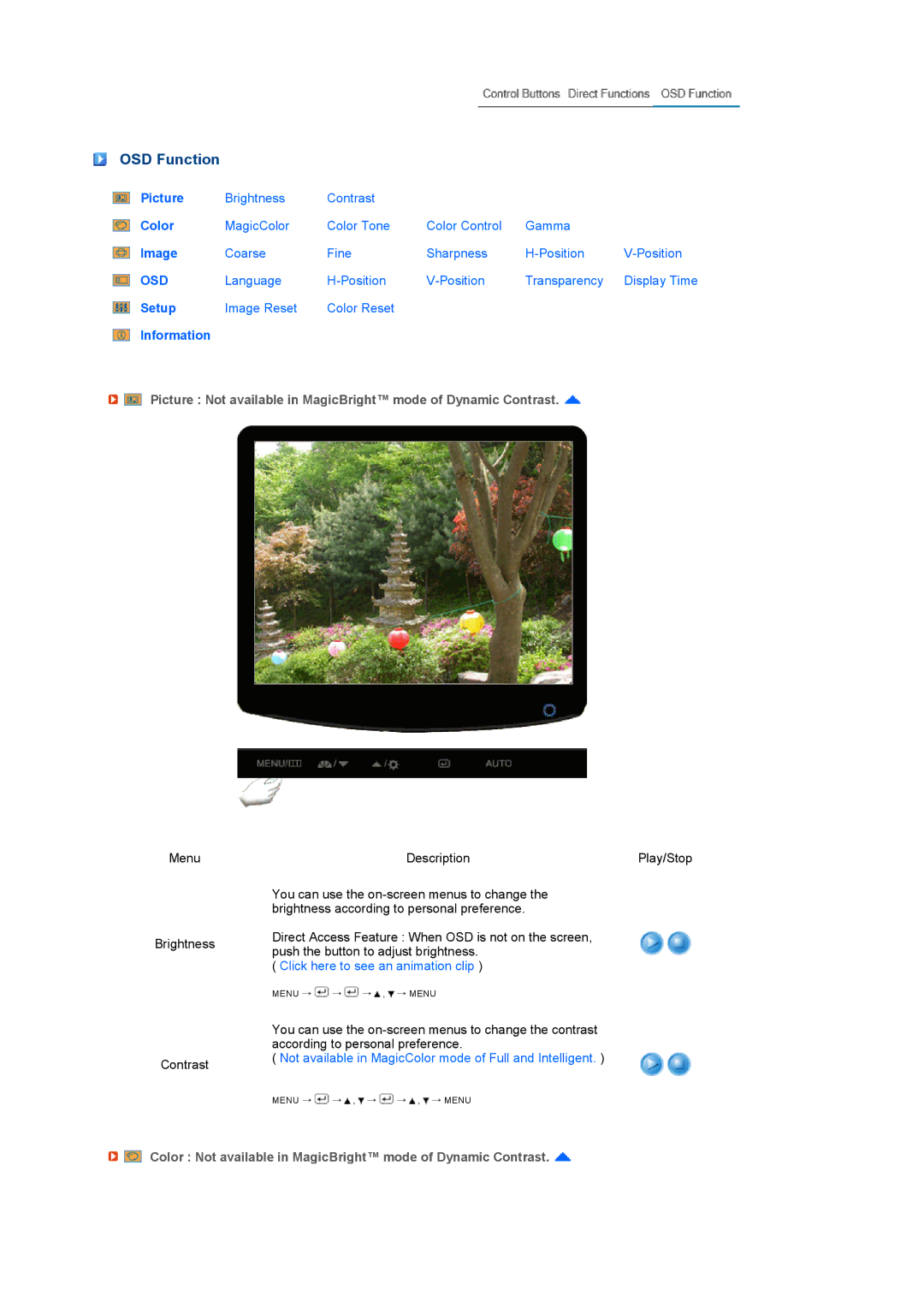 Samsung 732NPlus, 932BPlus, 732N, 932B manual OSD Function, Color Not available in MagicBright mode of Dynamic Contrast 