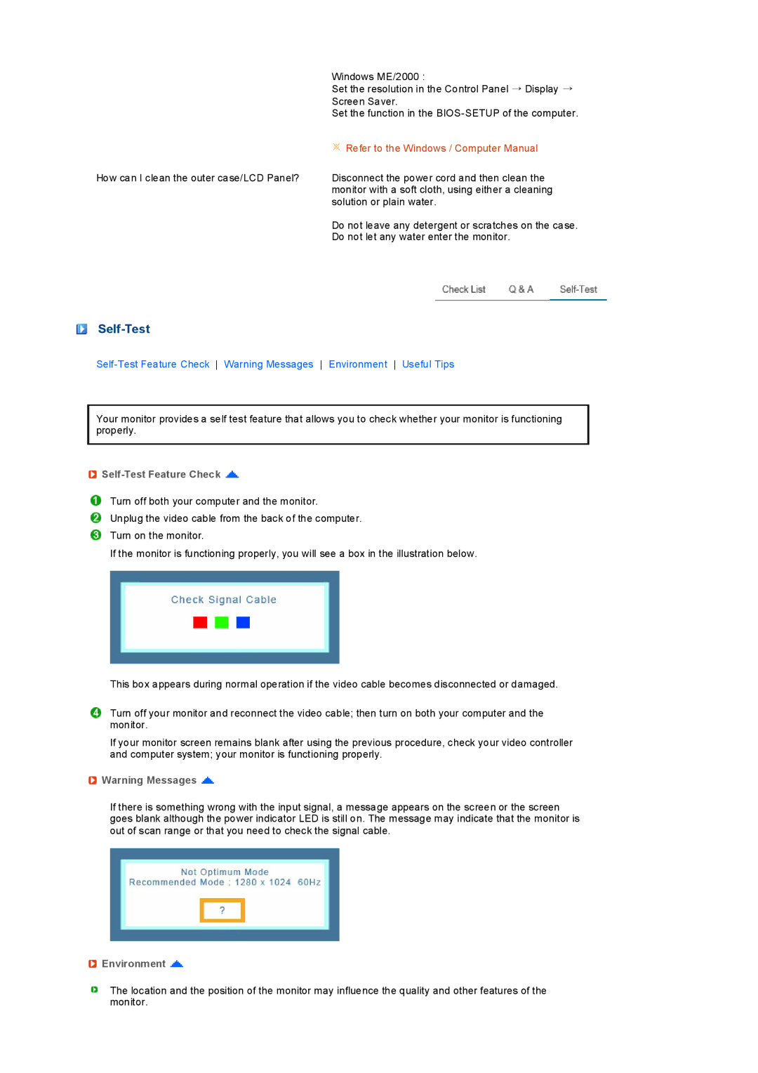 Samsung 732NPlus, 932BPlus, 732N, 932B manual Self-Test Feature Check, Environment 