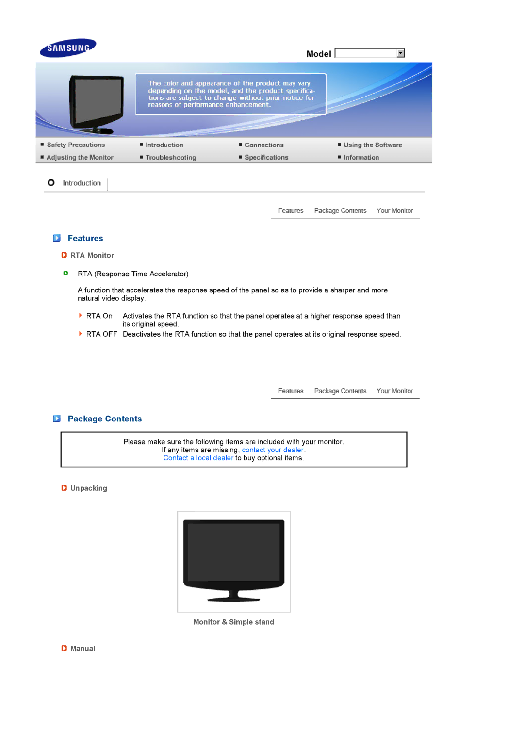 Samsung 932BW manual Features, Package Contents 