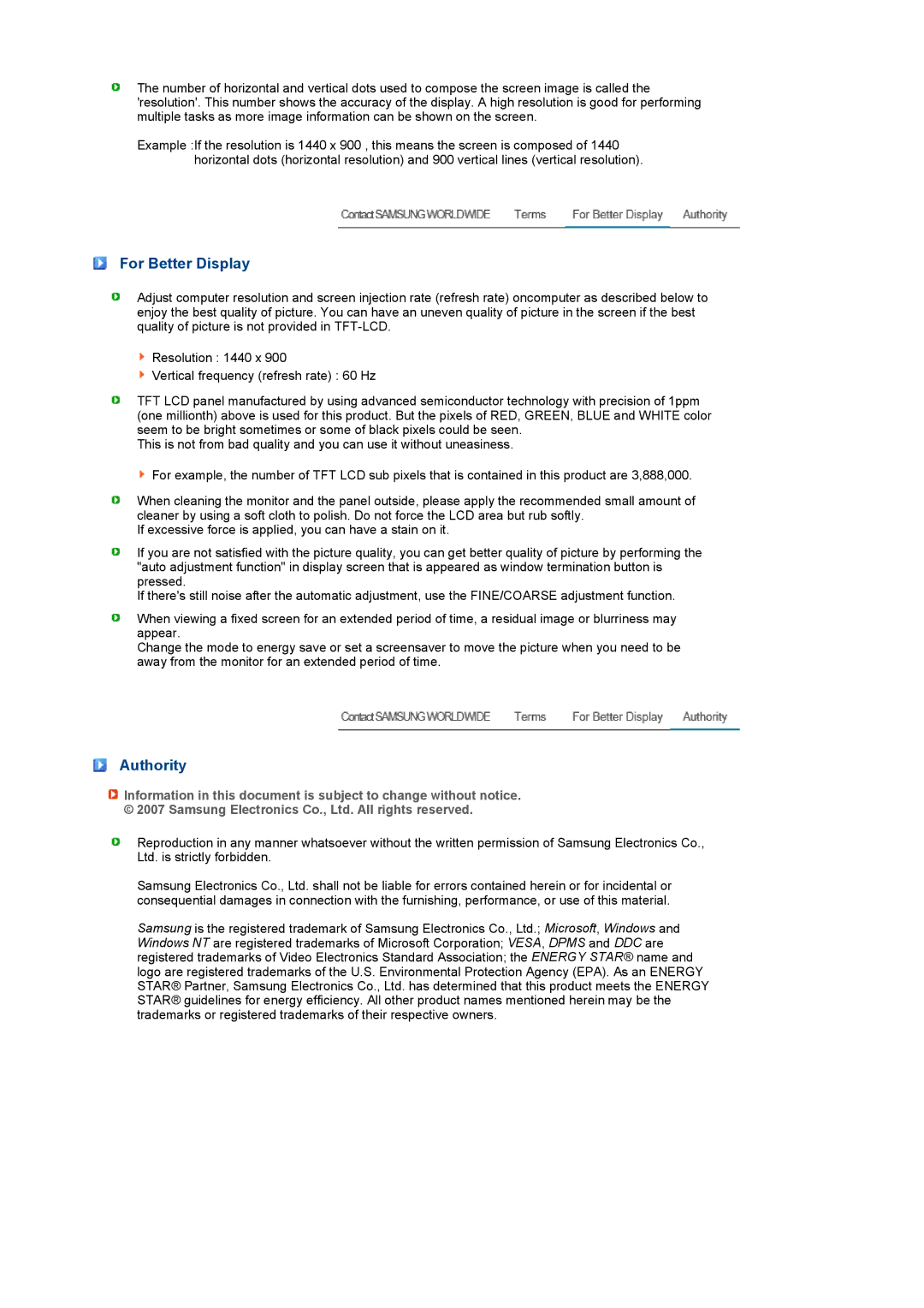 Samsung 932BW manual For Better Display, Authority 