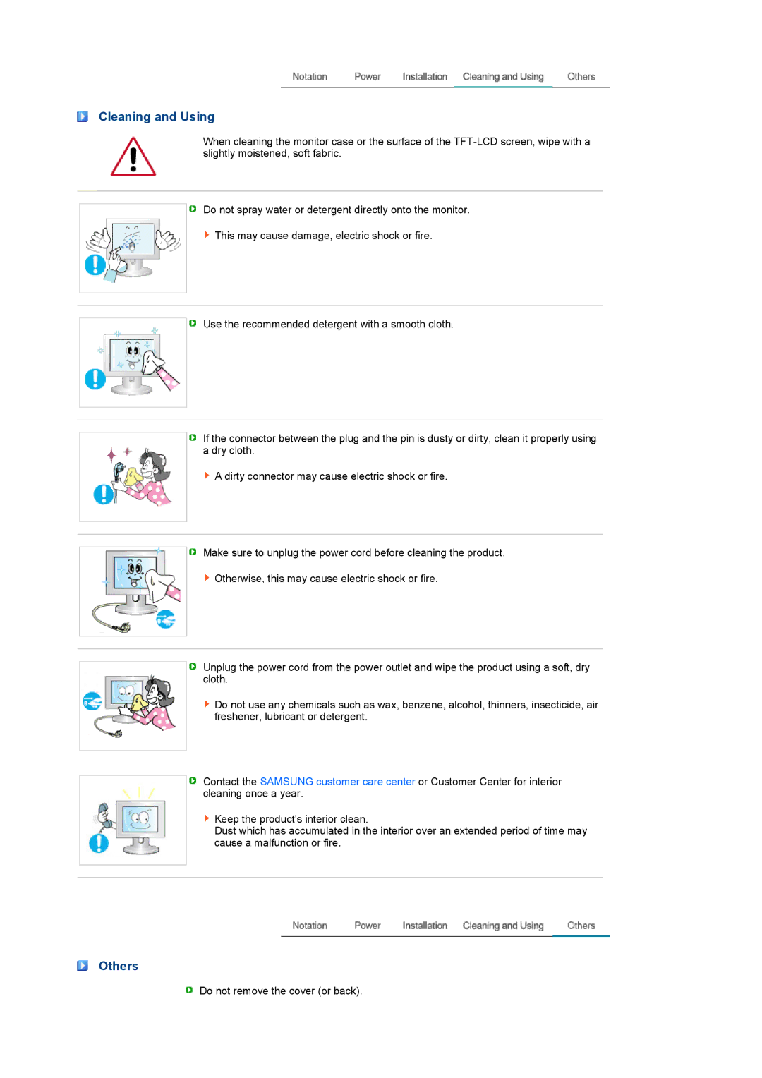 Samsung 932BW manual Cleaning and Using, Others 