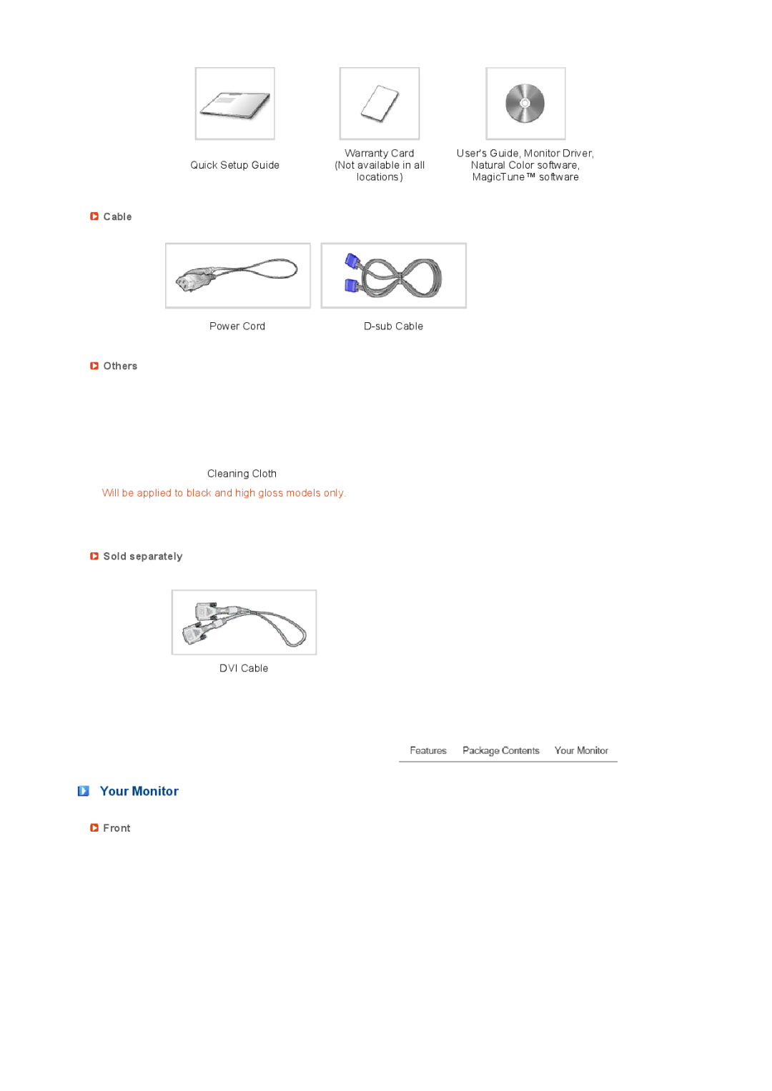 Samsung 932BWEPlus, 932GWEPlus manual Your Monitor, Cable, Others, Sold separately, Front 
