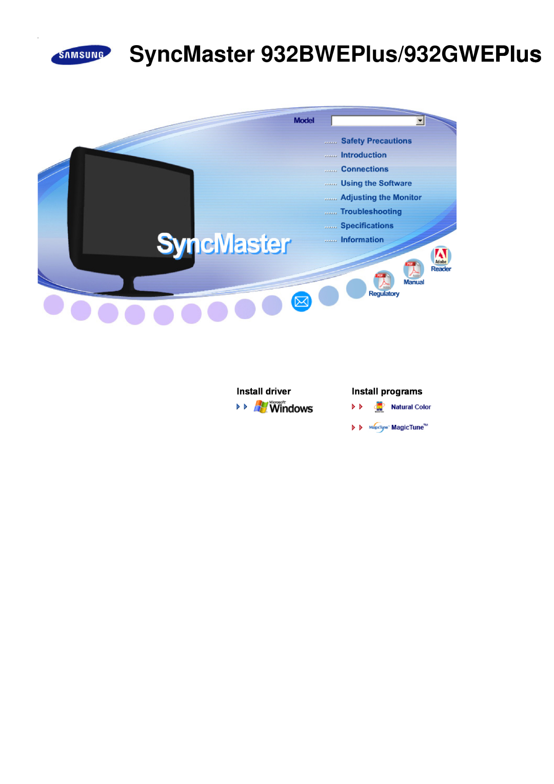 Samsung manual Install driver, Install programs, SyncMaster 932BWEPlus/932GWEPlus 