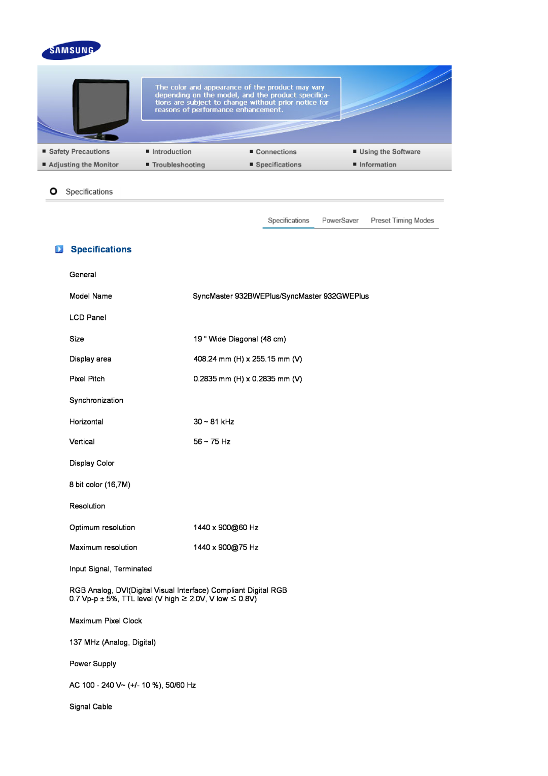 Samsung 932GWEPlus, 932BWEPlus manual Specifications 