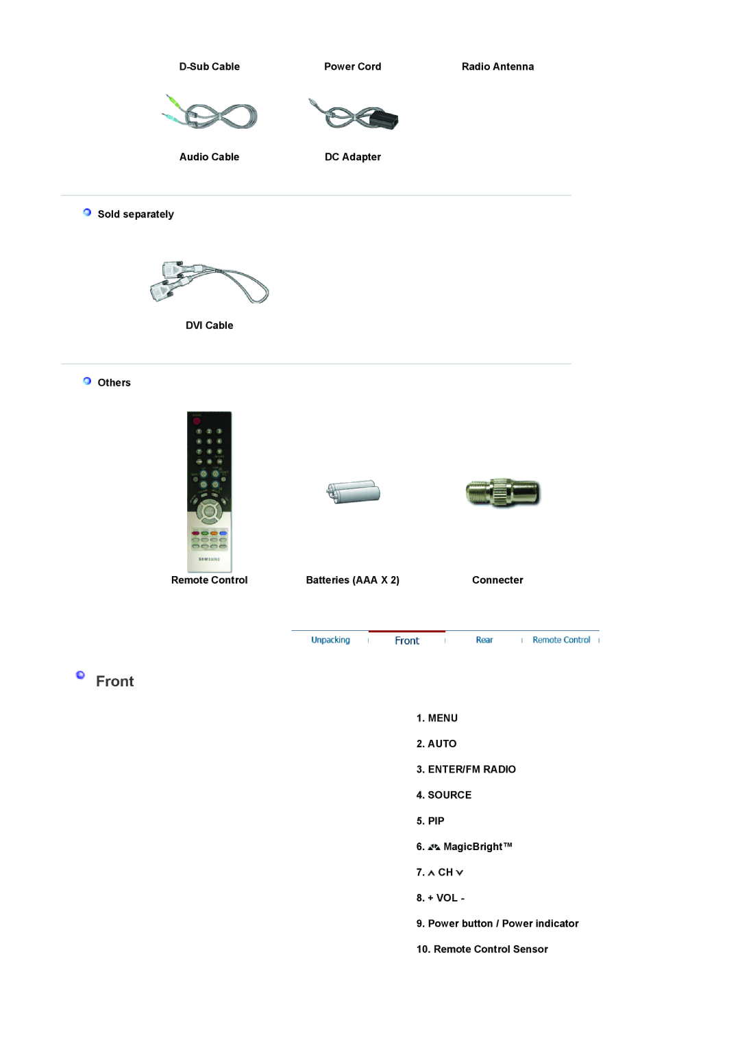 Samsung 932MP manual Front, Sub Cable Power Cord, Audio Cable, Menu Auto ENTER/FM Radio Source 