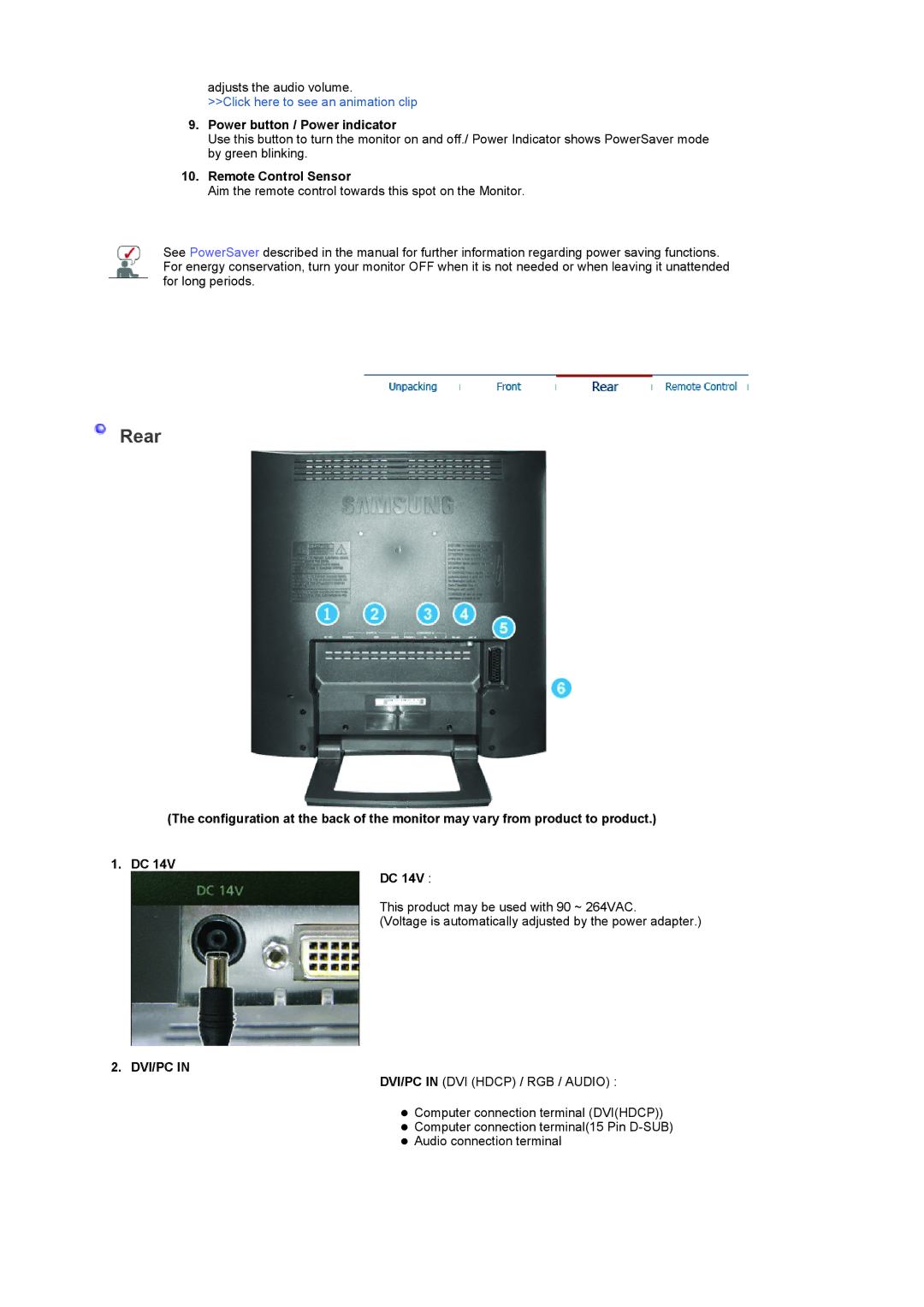 Samsung 932MP manual Rear, Dvi/Pc 