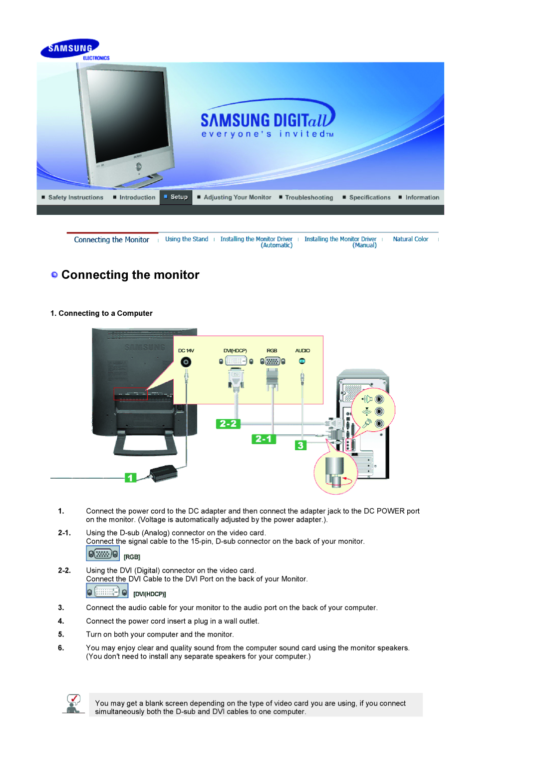 Samsung 932MP manual Connecting the monitor, Connecting to a Computer 