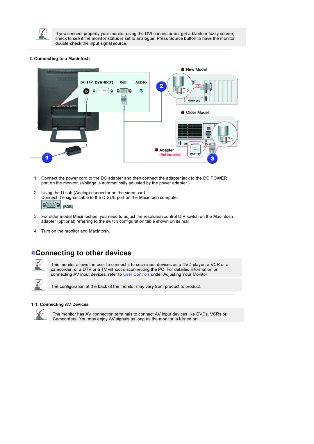 Samsung 932MP manual Connecting to a Macintosh, Connecting AV Devices 