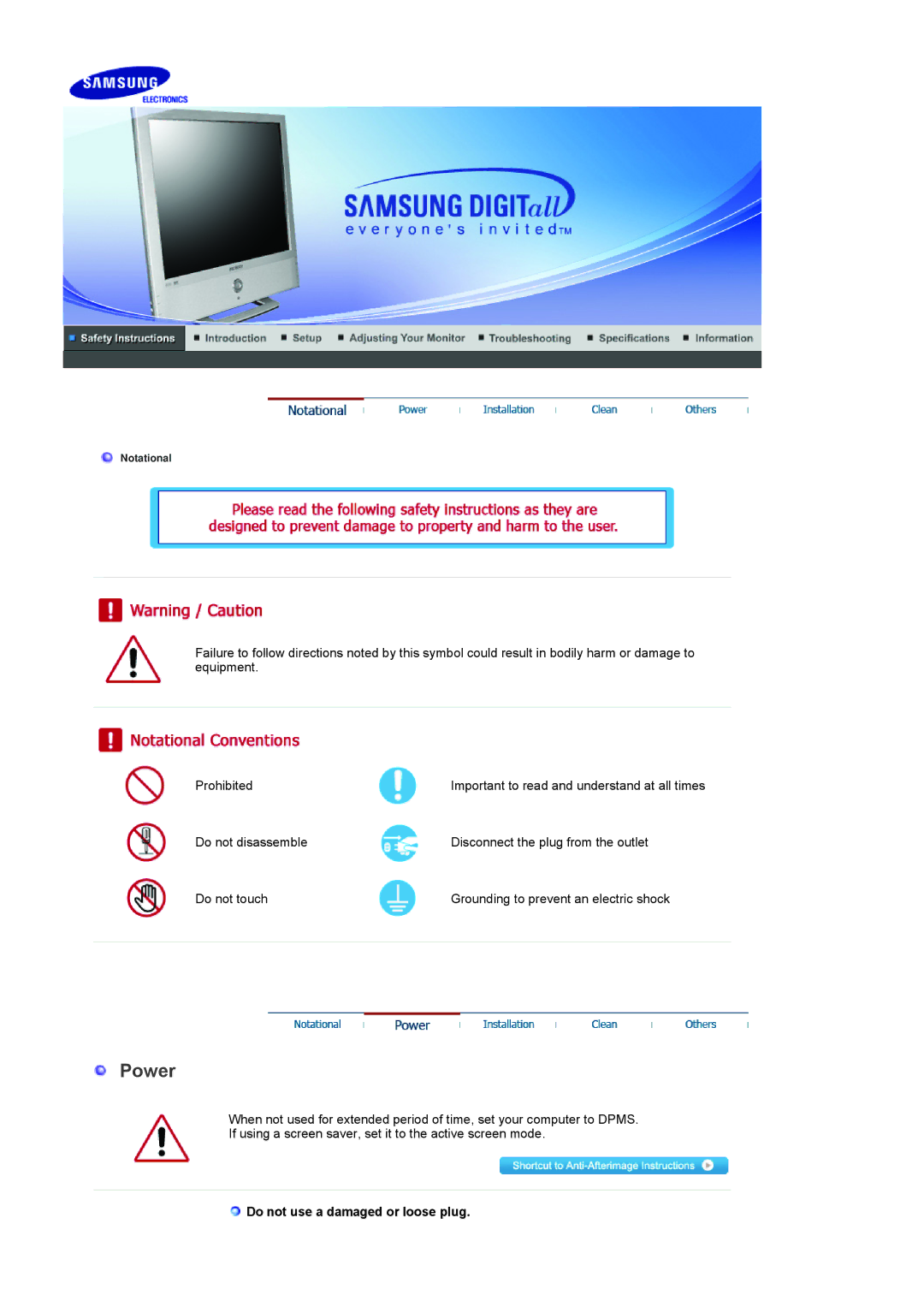 Samsung 932MP manual Power, Do not use a damaged or loose plug 