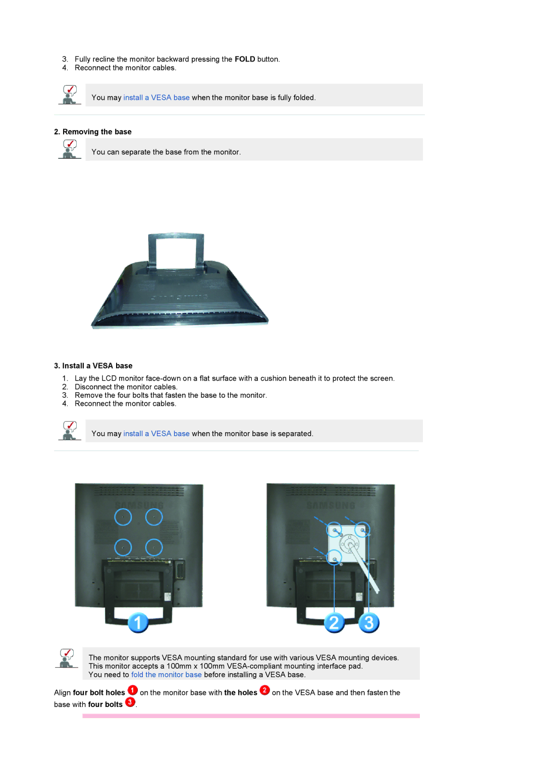 Samsung 932MP manual Removing the base, Install a Vesa base 