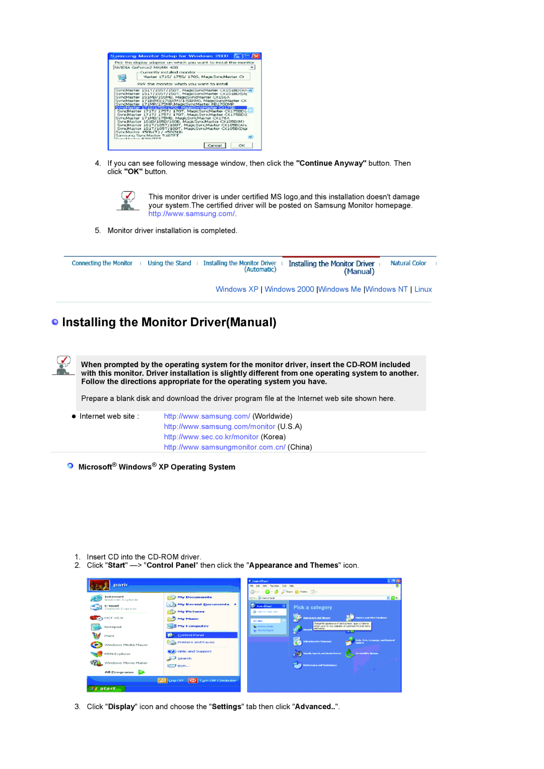 Samsung 932MP manual Installing the Monitor DriverManual, Microsoft Windows XP Operating System 