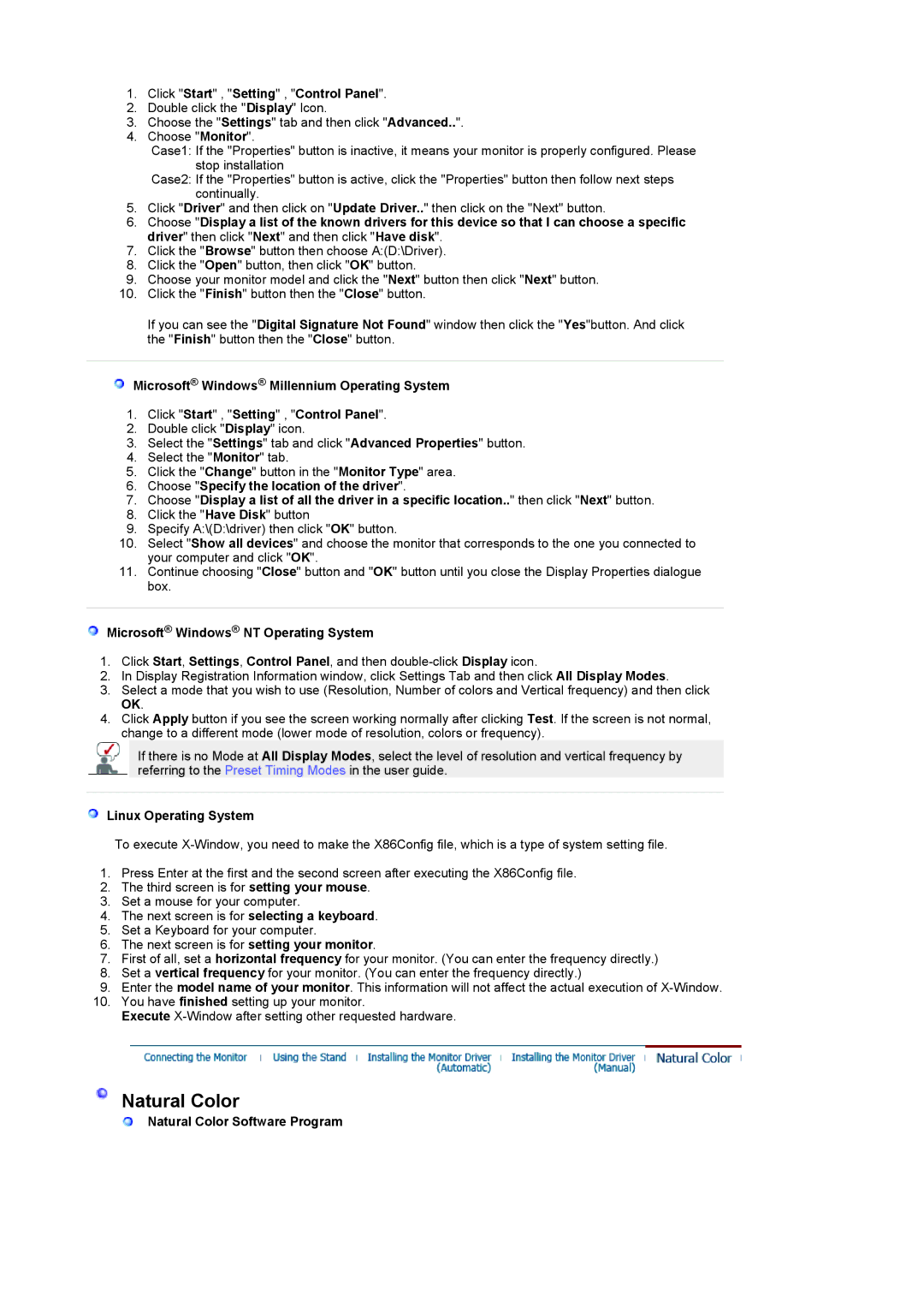 Samsung 932MP manual Click Start , Setting , Control Panel, Microsoft Windows NT Operating System, Linux Operating System 