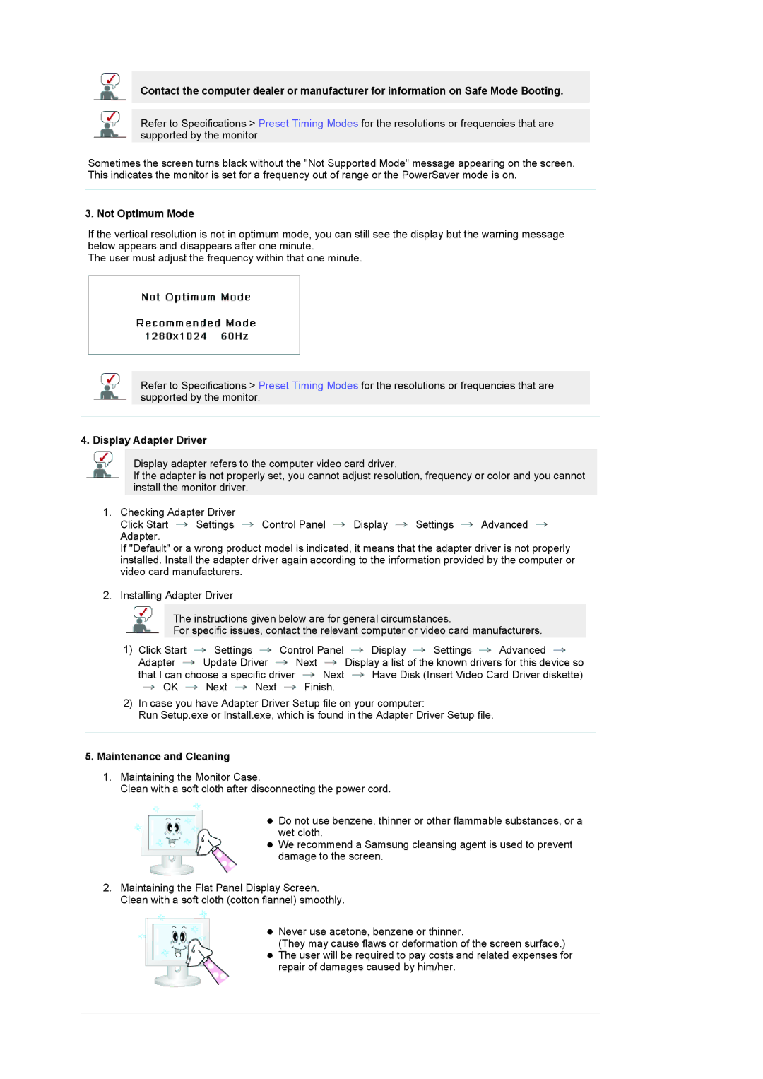 Samsung 932MP manual Not Optimum Mode, Display Adapter Driver, Maintenance and Cleaning 