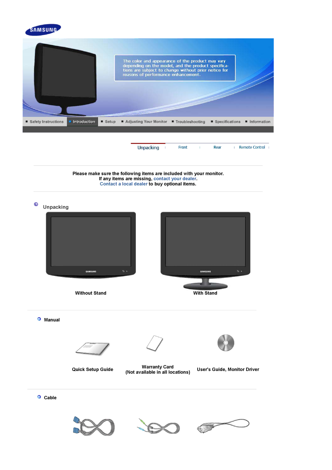 Samsung 2032MW, 932MW manual Unpacking, Without Stand, Manual Quick Setup Guide, Cable 