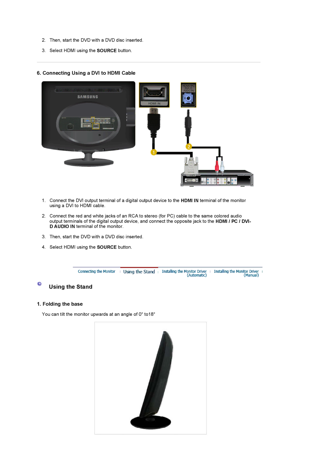 Samsung 2032MW, 932MW manual Using the Stand 