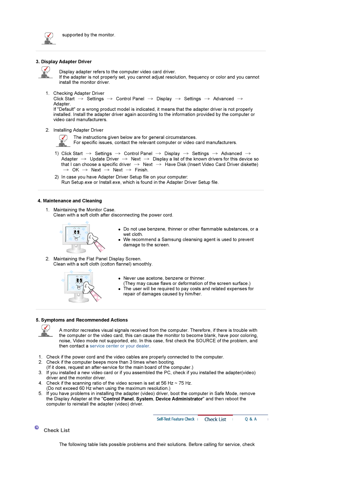 Samsung 932MW, 2032MW manual Check List, Display Adapter Driver, Maintenance and Cleaning, Symptoms and Recommended Actions 