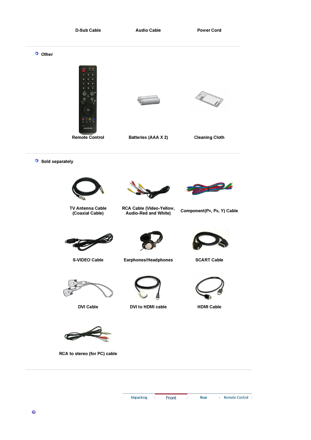 Samsung 932MW, 2032MW manual Sub Cable Audio Cable, Other Remote Control Batteries AAA X, Sold separately 