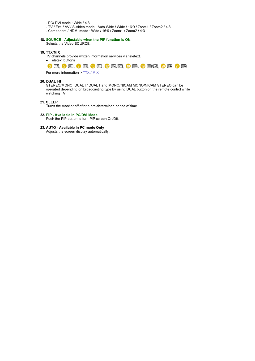 Samsung 932MW, 2032MW manual Ttx/Mix, PIP Available in PC/DVI Mode 